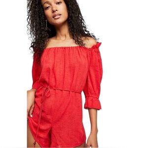 Free People Off the Shoulder Belted Romper Red